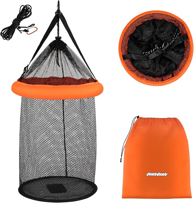 QualyQualy Floating Fish Basket for Live Caught, 10/15 Gallons Foldable Fishing Holder Minnow Bucket Portable Collapsible Fishing Net Storage Cage for Live Fish Bait Live Well