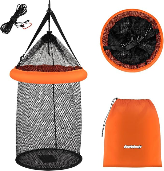 QualyQualy Floating Fish Basket for Live Caught, 10/15 Gallons Foldable Fishing Holder Minnow Bucket Portable Collapsible Fishing Net Storage Cage for Live Fish Bait Live Well