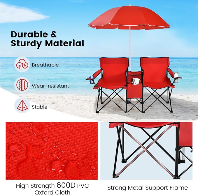 Tangkula Double Camping Chairs with Umbrella, Portable 2 Seat Folding Camp Chair with Cooler Bag, Beverage Holder, Carrying Bag, Foldable Lawn Chair for Outside, Fishing, Picnic, Beach
