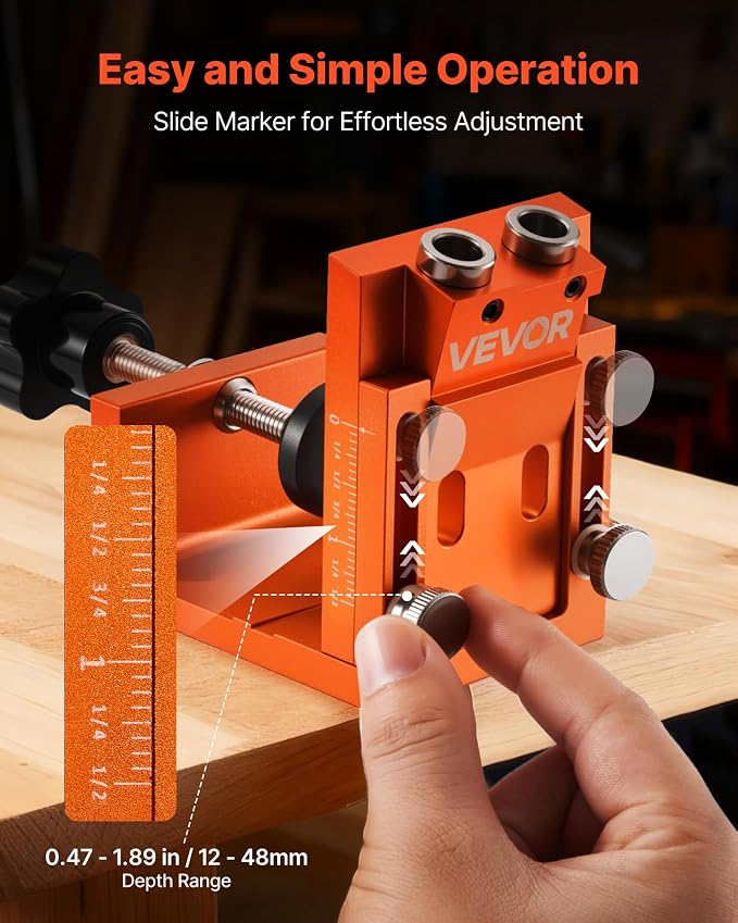 VEVOR Pocket Hole Jig Kit, 0.47 to 1.89 in Adjustable, Jig Pocket Hole System with Step Drill, Hex Wrench, Drill Stop Ring, Square Drive Bit, Plugs and Screws, Reinforced Metal Frame, for Woodworking