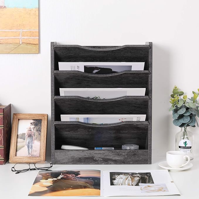 PAG 5-Tier Wall File Holder Hanging Mail Organizer Wood Magazine Literature Rack with 6 Hooks, Dark Gray