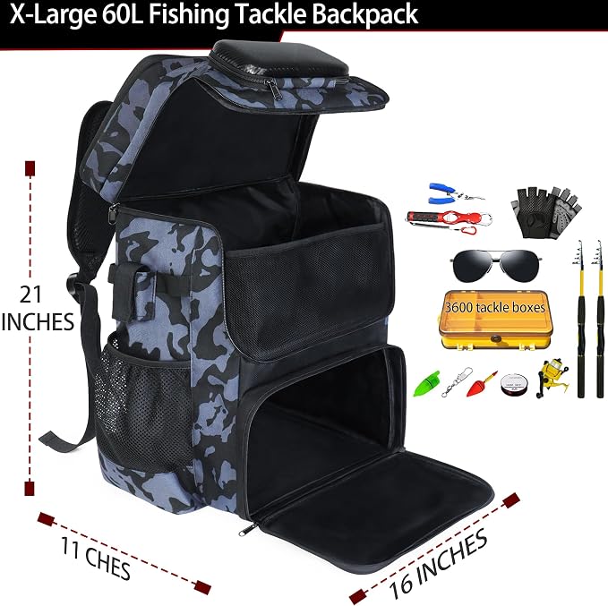 Fishing Backpack with Rod Holder X-Large 60L Tackle Gears Bag with Cooler for Storage Tackle Box and Fishing Accessories Stuff, Fish Gifts for Men Woman-Yellow Camo