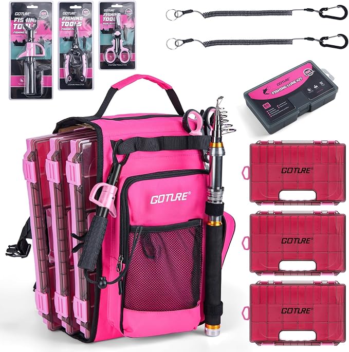 Goture OpenSide Tactical Sling Tackle Bag with 3 Tackle Trays,Lures & Fishing Tools, Lightweight Fishing Backpack Storage for Fishing Gear-Pink Bag, Gift for Women