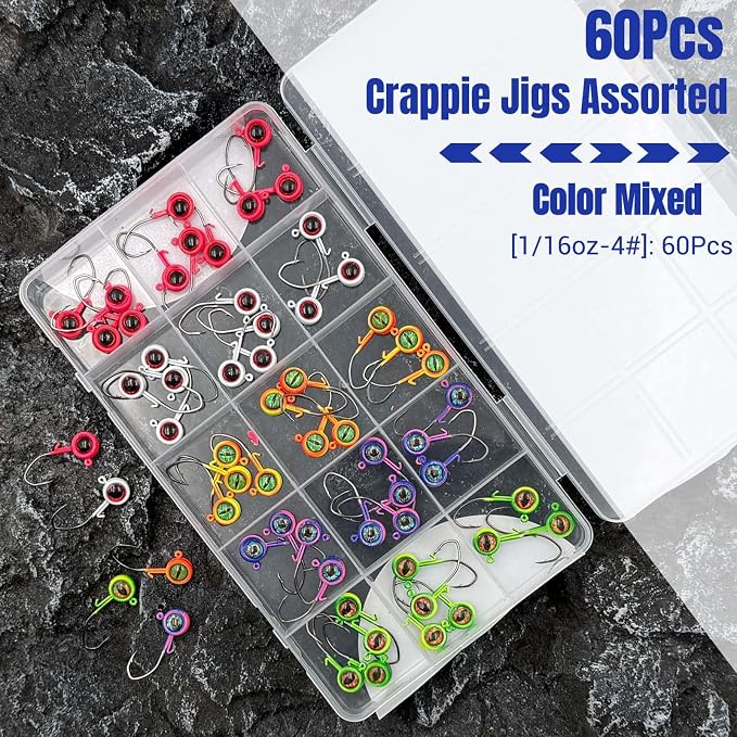 60Pcs Big Eye Crappie Jig Heads Kit, Bright Color Panfish Fishing Jig Heads Hook with Wired Bait Keeper Swimbait Jighead for Crappie Walleye 3 Sizes 1/32oz 1/16oz 1/8oz