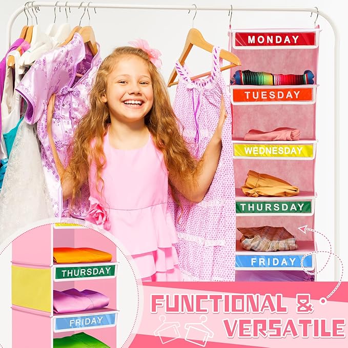 Amylove 2 Pcs 7 Shelf Weekly Clothes Organizer for Kids Hanging Closet Organizer 11. 8 x 11. 8 x 50 Inches Daily Activity Kids Clothes Storage Drawers Cube Drawers Closet Hanging Shelves(Pink)