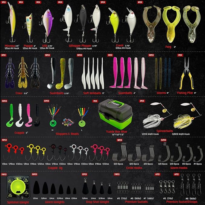 Fishing Tackle Box with Tackle Included Lures, Hooks, Weights, 3-Layer Freshwater Fishing Tackle Kit for Bass Fishing Gear and Equipment, Gift for Fishingman gift choice for Fathers Day