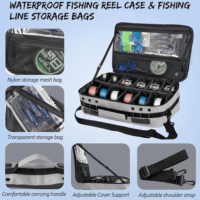 THKFISH Waterproof Fishing Reel Case and Fishing Line Storage Bag with Removable Shockproof Compartments Holds more than 12 Reels or 24 Spools