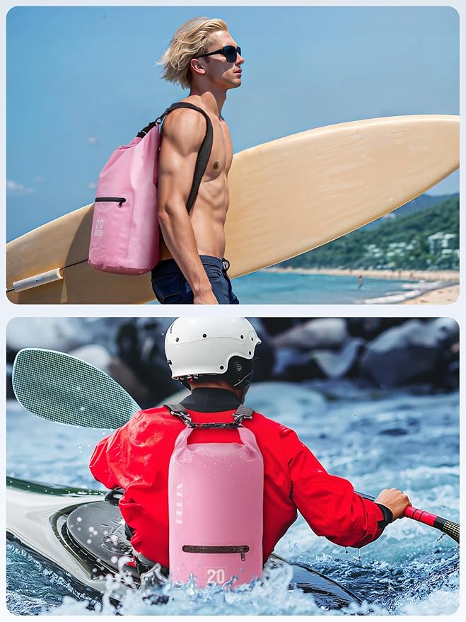 HEETA Waterproof Dry Bag with Front Zippered Pocket for Women Men, 5L/10L/20L/30L/40L Roll Top Lightweight Dry Storage Bag Backpack for Travel, Kayaking, Boating, Rafting, Camping, Hiking & Beach