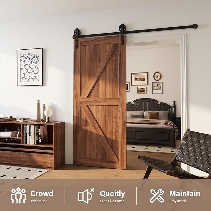 WINSOON 5-16FT Single Wood Sliding Barn Door Hardware Basic Black Big Spoke Wheel Roller Kit Garage Closet Carbon Steel Flat Track System (14FT)