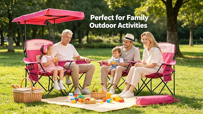 YoungWood Camping Chair with Canopy, Beach Chair with Shade,Portable,Lightweight Oversized for All, Easy to Open and Close Without Installation, Side Pocket,cooling bag Design for All Activities,Pink