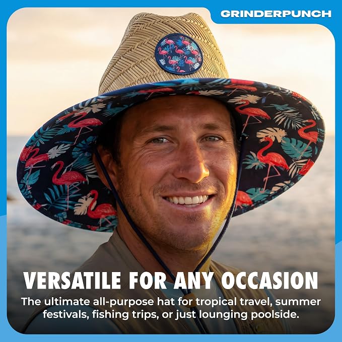 grinderPUNCH Lifeguard Hat Mens Straw Sun Hat for Outdoor American Flag USA Patriotic Straw Beach Fishing Straw Hat for Men