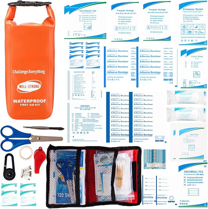 Boat First Aid Kit Waterproof, WELL-STRONG Marine Emergency Kit with Roll Top Dry Bag for Boating Fishing Kayaking – Water-Resistant Contents for Camping & Beach（Orange）