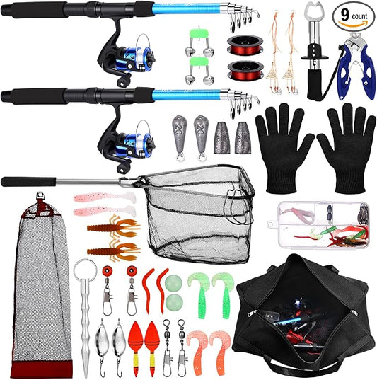 MiniInflat Telescopic Fishing Rod and Reel Combo, 6.89ft 2pcs Collapsible Rod with Plier Lip Gripper Lures Carrier Bag Pre-Loaded Spinning Reel Saltwater Freshwater Fishing Pole Kit