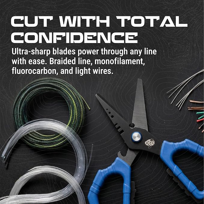 Reaction Tackle Fishing Line Scissors – 6.5” Heavy Duty Braid Shears with Serrated Stainless Steel Blades, Multi-Tool Fishing Scissors with Sheath, Braided Line Cutters, Mono, Fluoro & Wire