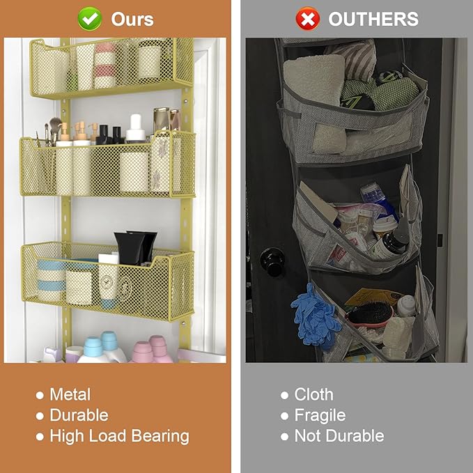Over The Door Organizer, Metal Door Organizer Hanging with 5 Adjustable Baskets and Coat Hook, Behind The Door Storage for Bedroom Closet Bathroom Pantry Cabinet Kitchen, Gold