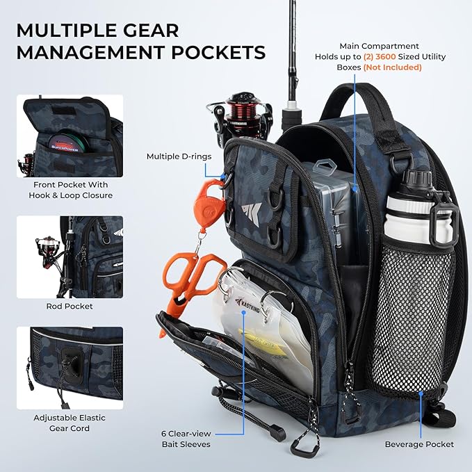 KastKing BaitSpace Fishing Sling Bag, Fishing Backpack with Rod & Beverage Holder, Tackle Bag for Fishing Gear