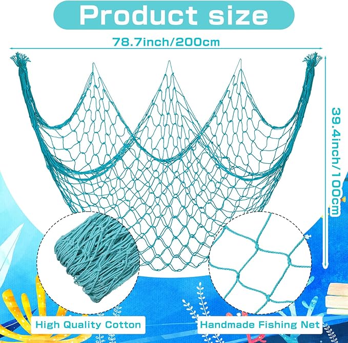 12 Pack Decorative Fish Netting for Party 80 x 40 Inch Natural Cotton Fish Net Decorations for Pirate Ocean Under The Sea Hawaiian Mermaid Party Picture Wall Hanging Decoration(Novel Color)