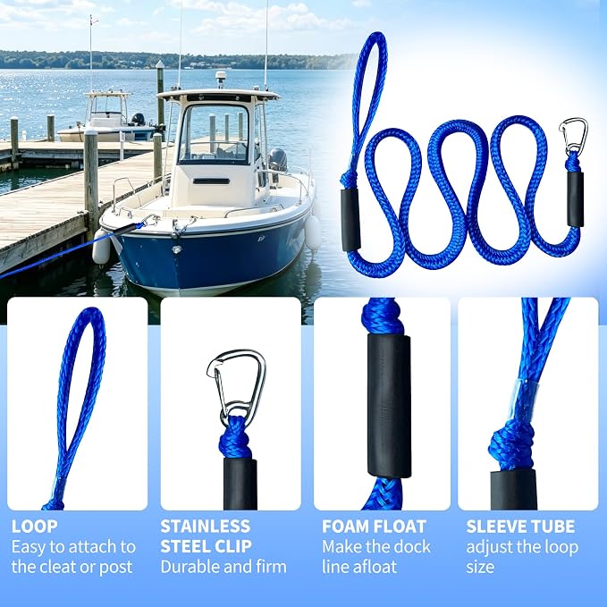 Bungee Dock Line with Stainless Steel Clip Boat Rope Mooring String with Foam Float for Docking,Kayak,Watercraft,SeaDoo,Pontoon,Canoe,Power Boat Accessory,7-10ft (Blue,with One Hook)