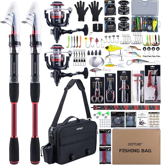 Goture Fishing Rod and Reel Combo, Red Telescopic Fishing Pole with Full Starter Kit & Carrier Bag, Portable 24T Travel Spinning Rod for Bass Trout, Freshwater Beginners Gift
