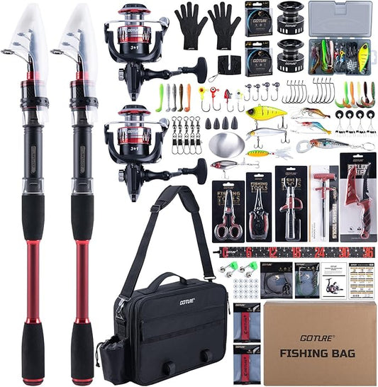 Goture Fishing Rod and Reel Combo, Red Telescopic Fishing Pole with Full Starter Kit & Carrier Bag, Portable 24T Travel Spinning Rod for Bass Trout, Freshwater Beginners Gift