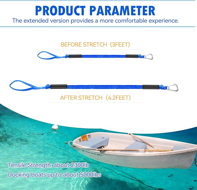 Boat Bungee Dock Lines – Adjustable Boat Tie Downs for Pontoon, Jet Ski, PWC, Kayak | Single Hook Small Cruiser Mooring Lines | (2, Blue, 3 Feet)