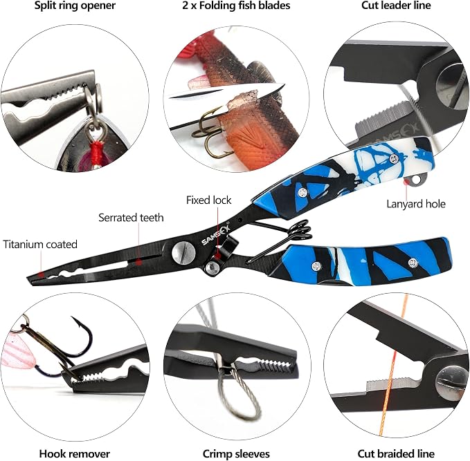 SAMSFX Locking Fishing Pliers Saltwater Resistant Teflon Coated Briad Line Cutters with Wire Coiled Lanyard, Sheath & Quick Knot Tool Combo