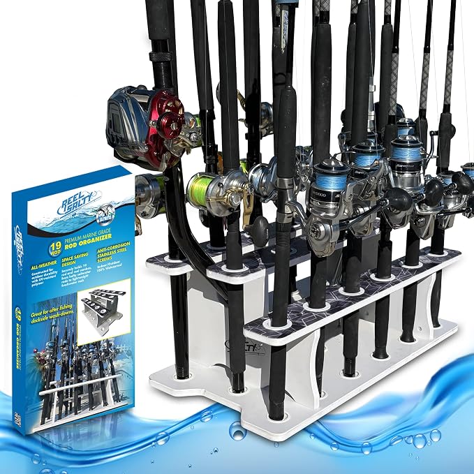 Rush Creek Creations Reel Salty 19-Rod Marine Grade Fishing Pole Holder with Tri-Level Design, UV-Resistant, 100% Waterproof Fishing Rod Holder for Garage and Dock, Blue/White