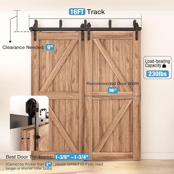 ZEKOO 16FT Double Track Bypass Sliding Barn Door Hardware Kit for 2 Doors, Bypass Barn Door Track Kit, Low Ceiling, Easy Install, J Shape Hanger, Fit 96" Wide Door Panel