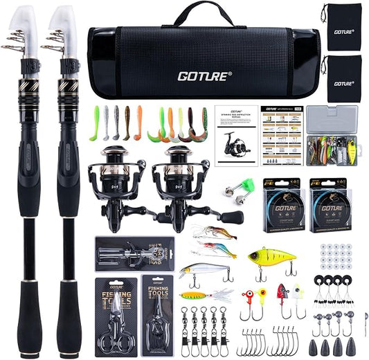 GOTURE Telescopic Fishing Rod and Reel Combos, Carbon Fiber Travel Fishing Pole, 9+1 BB Spinning Reel, Saltwater Freshwater Fishing Gear Kit with Braided Line, Lures, Carrier Bag for Bass Trout