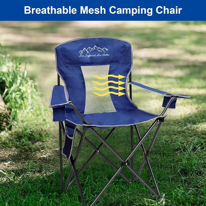 Camping Chairs for Adults Heavy Duty 400lbs Capacity, Folding Chair with Large Anti-Sink Feet & Cup Holder, Extra Wide Portable Outdoor Chair for Camping, Beach, Lawn, Fishing, Blue