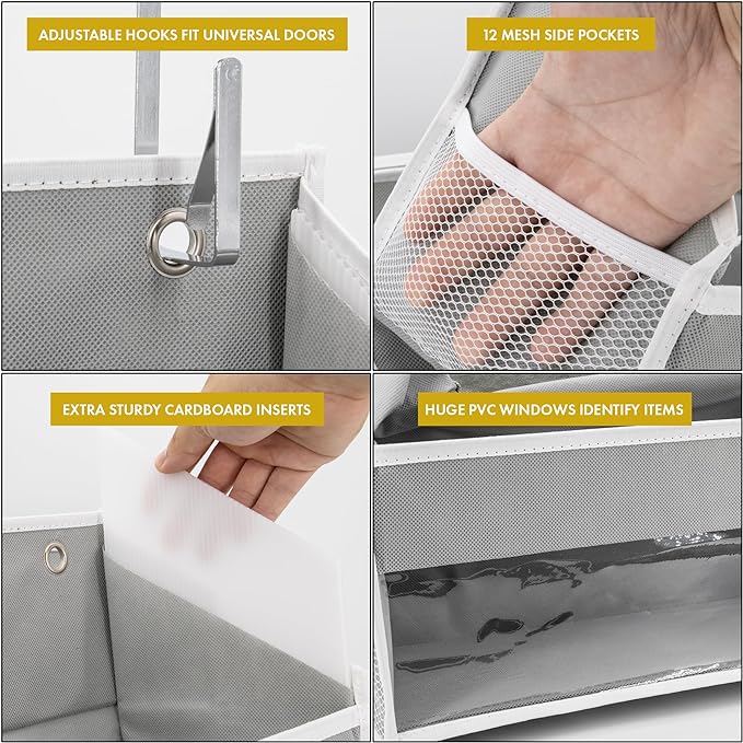 HOMELUX THEORY UPGRADED 6 Tiers Over The Door Organizer Hanging - 100D EXTRA THICK & 50lbs HUGE CAPACITY, 12 Side Mesh Pockets Over The Door Shoe Organizer, Hanging Closet Organizer (Transparent, 2pc)