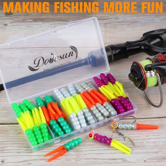 Dovesun Crappie Lures Kit Fishing Soft Plastic Lures Crappie Walleye Trout Bass Fishing Baits Fishing Grub Worms Minnow Paddle-Tail Split-Tail Grub Swimbaits 50-100Pcs with Tackle Box