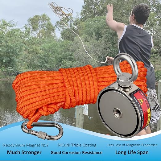 MUTUACTOR Neodymium Fishing Magnet,Combined 880lbs Double Sided Strong Fishing Magnet Heavy Duty with 65Ft Salvage Rope,Durable Gloves,Waterproof Bag for Retrieving Tools Find Treasure