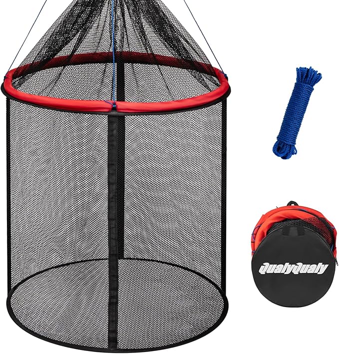 QualyQualy Floating Fish Basket 41/73 Gallons Extra Large for Live Caught, Fully Foldable Fishing Net Holder for Bait Live Well Collapsible Mesh Fishing Holder Cage
