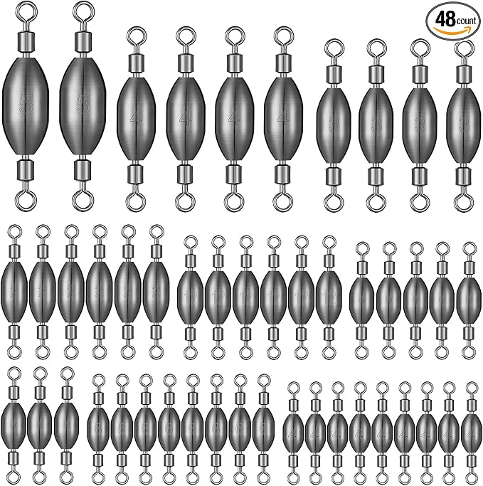 Seenelling 48 Pcs Trolling Sinkers with Swivels Brass Fishing Sinker Different Sizes Egg Sinkers Fishing Weights Saltwater Bullet Sinker with Swivel Rolling Removable Freshwater