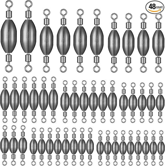 Seenelling 48 Pcs Trolling Sinkers with Swivels Brass Fishing Sinker Different Sizes Egg Sinkers Fishing Weights Saltwater Bullet Sinker with Swivel Rolling Removable Freshwater