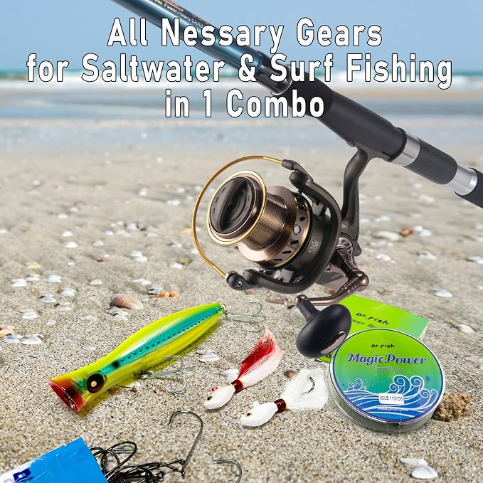 Dr.Fish Surf Fishing Rod and Reel Combos Saltwater Fishing Gear Set 12ft Surf Rod 10000 Reel Offshore Inshore Casting Pole Beach Casting Spinning Pole Kit Equipment Set Striper Pompano Flounder