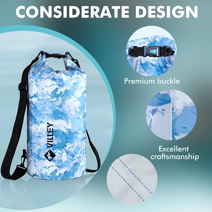 VILLEY Dry Bag Waterproof 20L Roll Top Storage Backpack, Keeps Gear Dry Lightweight Backpack for Kayaking Boating Camping Swimming and Beach Accessories Blue Camo