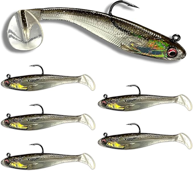 USA Bass Tackle Patriot Shad - Scent Infused Paddle Tail Swimbaits Pre Rigged Fishing Lures Premium Bait Strong Owner Hook, Fishing Gear for Bass Freshwater Predator Fish
