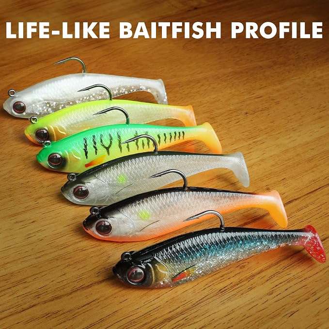 GOTOUR Pre-Rigged Soft Fishing Lures with Weedless Hook, Lifelike Paddle Tail Swimbaits for Bass Fishing, Freshwater & Saltwater Fishing Bait, Fishing Tackle for Bass, Pike, Trout, and Walleye
