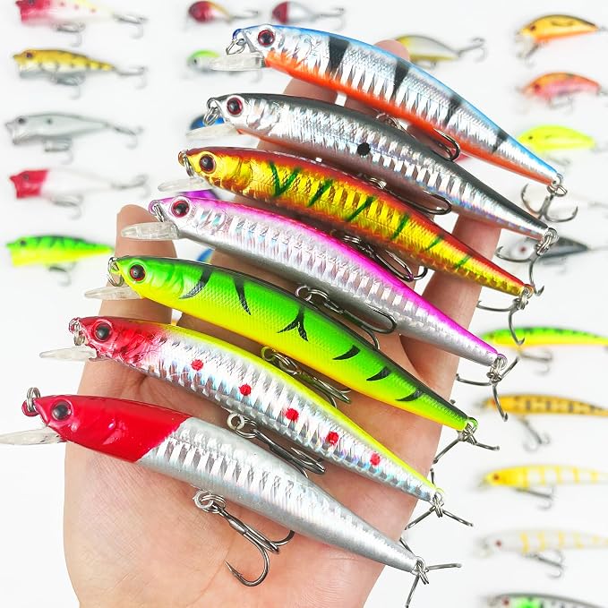 43Pcs Fishing Lures Kit Minnow Popper Walleye Fishing Lures Mixed Hard Crank Baits for Bass Fishing Walleye Salmon Freshwater Saltwater