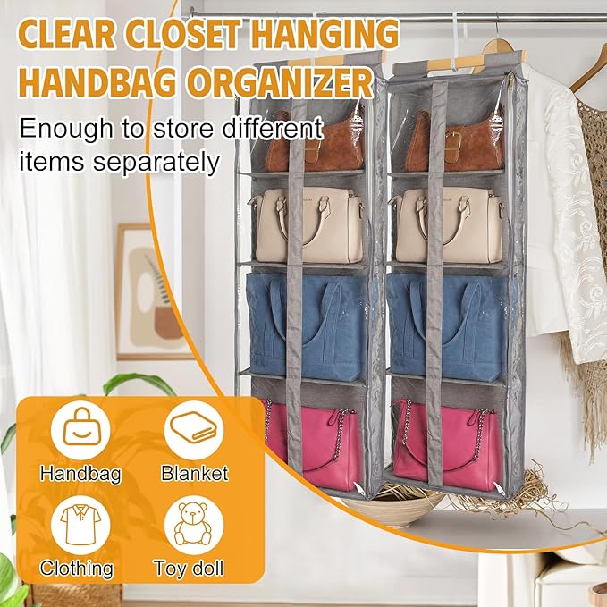 Silkfly 2 Pack Hanging Purse Organizer for Closet Clear Handbag Storage Hanger with Zipper Holder over The Door Wardrobe Tote Bag Storage Holder for Bedrooms Living Room (Brown)