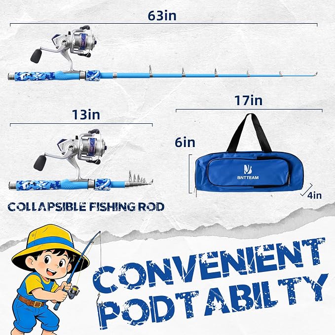 Portable Fishing Spinning Rod and Reel Combo Set with Telescopic Fishing Pole Fishing Carrier Bag Lures Line for Travel Saltwater Freshwater