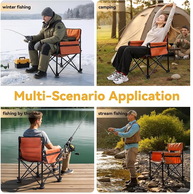 Heavy Duty Folding Fishing Chair 220LBS Load Capacity, Portable Compact Camping Chair with 1 Detachable Rod Holders, Adjustable Legs, Storage Bags & Non-Slip Feet for Outdoor Fishing Beach