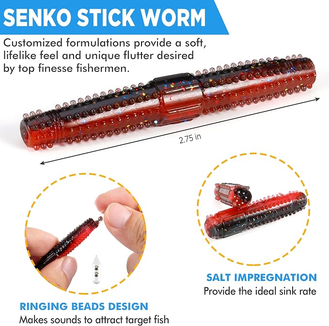 PLUSINNO Wacky Worm Fishing Lure Kit, Soft Plastic Fishing Lures, Grub Baits Hook Wacky Rig Bass Trout Fishing Worms Lures w/Tackle Box
