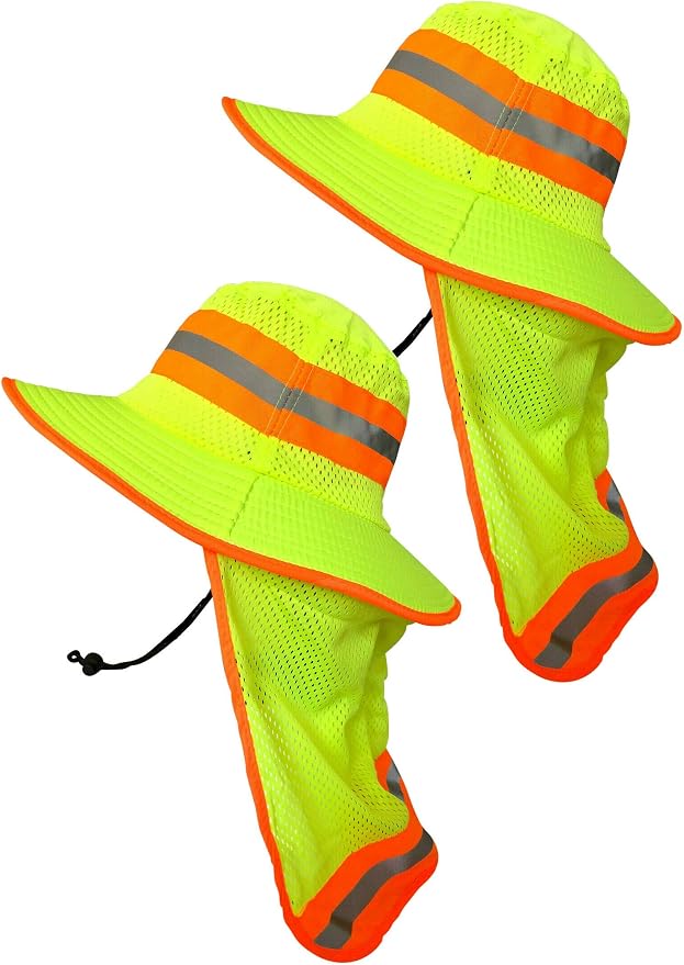 Men High Visibility Reflective Sun Hat with Neck Flap Wide Brim Boonie Hat Bucket Cap