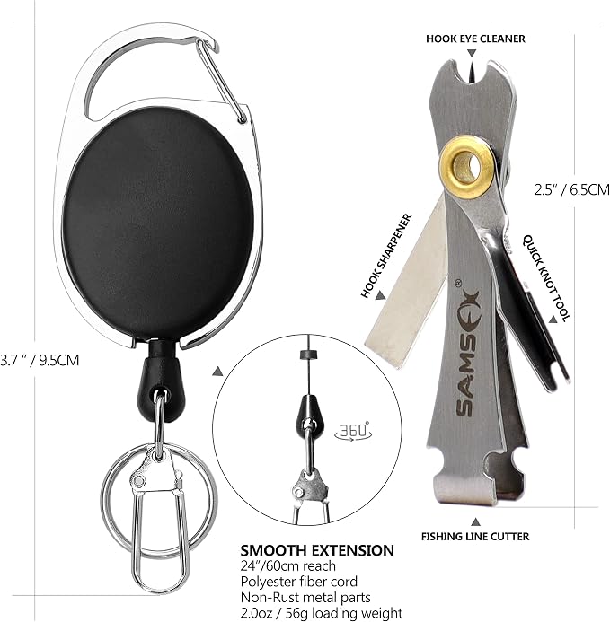 SAMSFX Locking Fishing Pliers Saltwater Resistant Teflon Coated Briad Line Cutters with Wire Coiled Lanyard, Sheath & Quick Knot Tool Combo