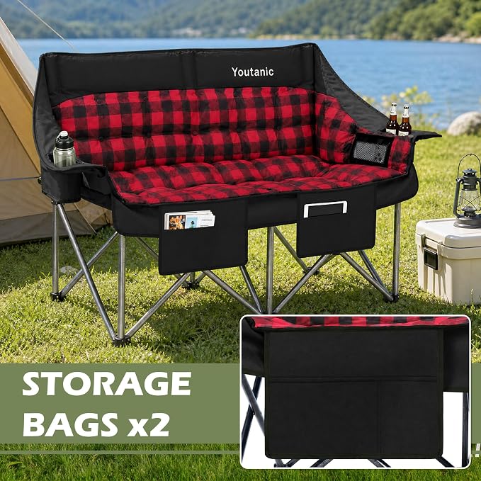 Youtanic 60" Extra Double Camping Chair, 700lbs Heavy Duty Padded Loveseat for Adults, Oversized 2 Person Folding Camp Couch with Dual Cup Holders, Portable Plaid Lawn Chair for Outside, Sports, Red