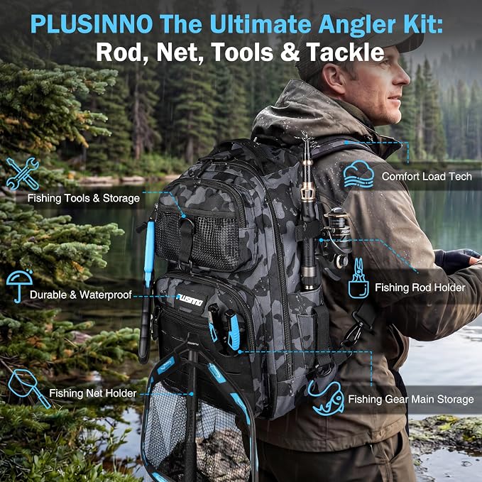 PLUSINNO Fishing Gear, Fishing Backpack with Fishing Rod, Tackle Box, Waterproof Tackle Backpack with Rod Holders,Lures, Tools, Pliers & Accessories, Fish Gifts for Men