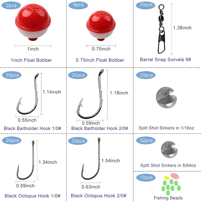 Fishing Tackle Kit, 160pcs Basic Bobbers and Hooks Assortment With Octopus Circle, Baitholder Hooks, Sinker Weights, Terminal Tackle Box for Trout Catfish Panfish